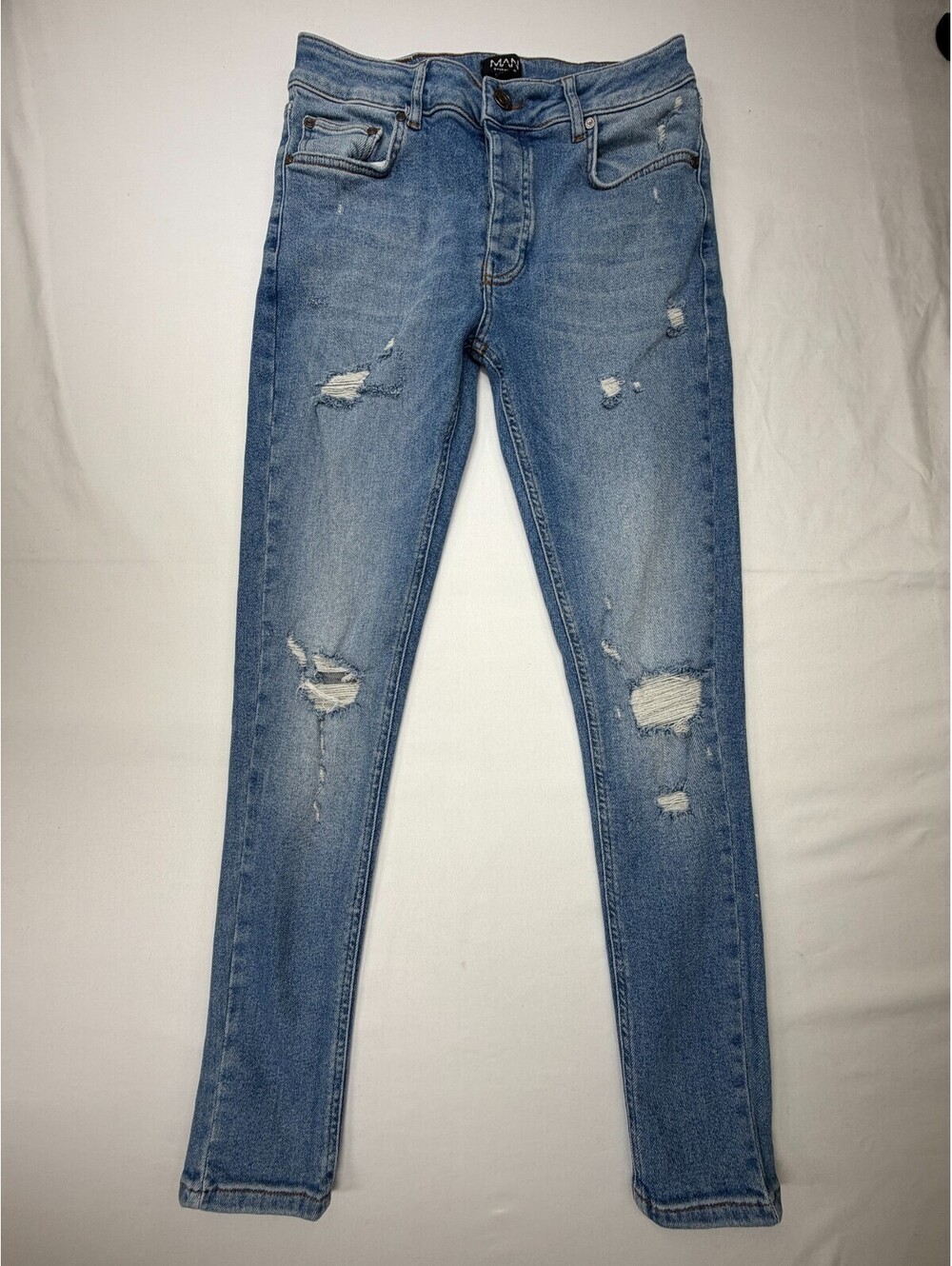 Boohooman MAN Men's Jeans Skinny Medium Wash Distressed Solid Size 32 Blue